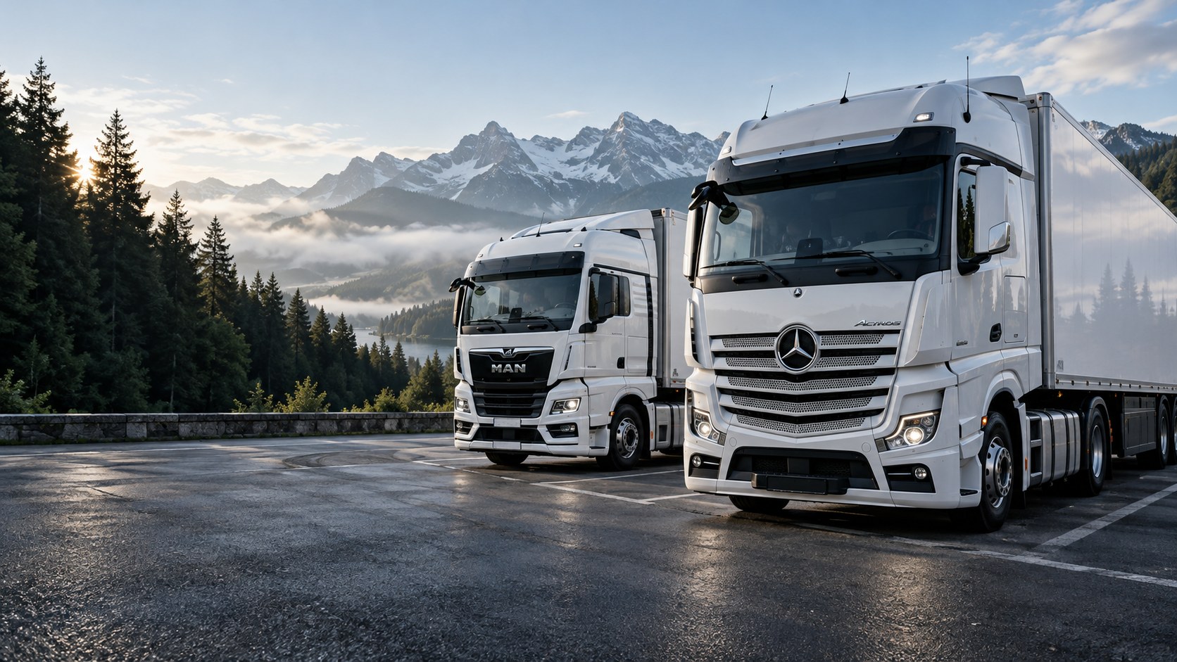 Илюстрация на бели Mercedes-Benz и MAN камиони на европейски път