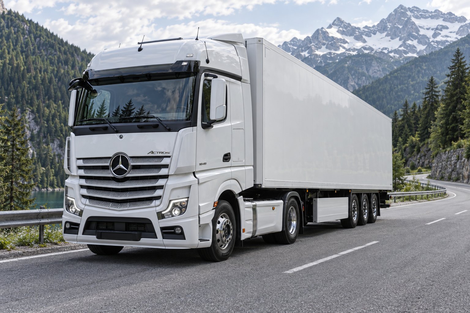 Илюстрация на бял Mercedes-Benz Actros на планински път